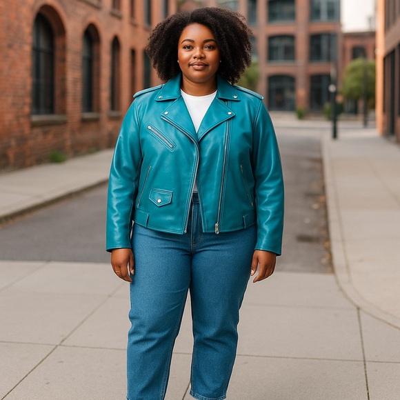 Nine West 2X NWT TEAL~BLUE  FAUX Leather Moto Jacket with Asymmetrical Zipper - Picture 7 of 8